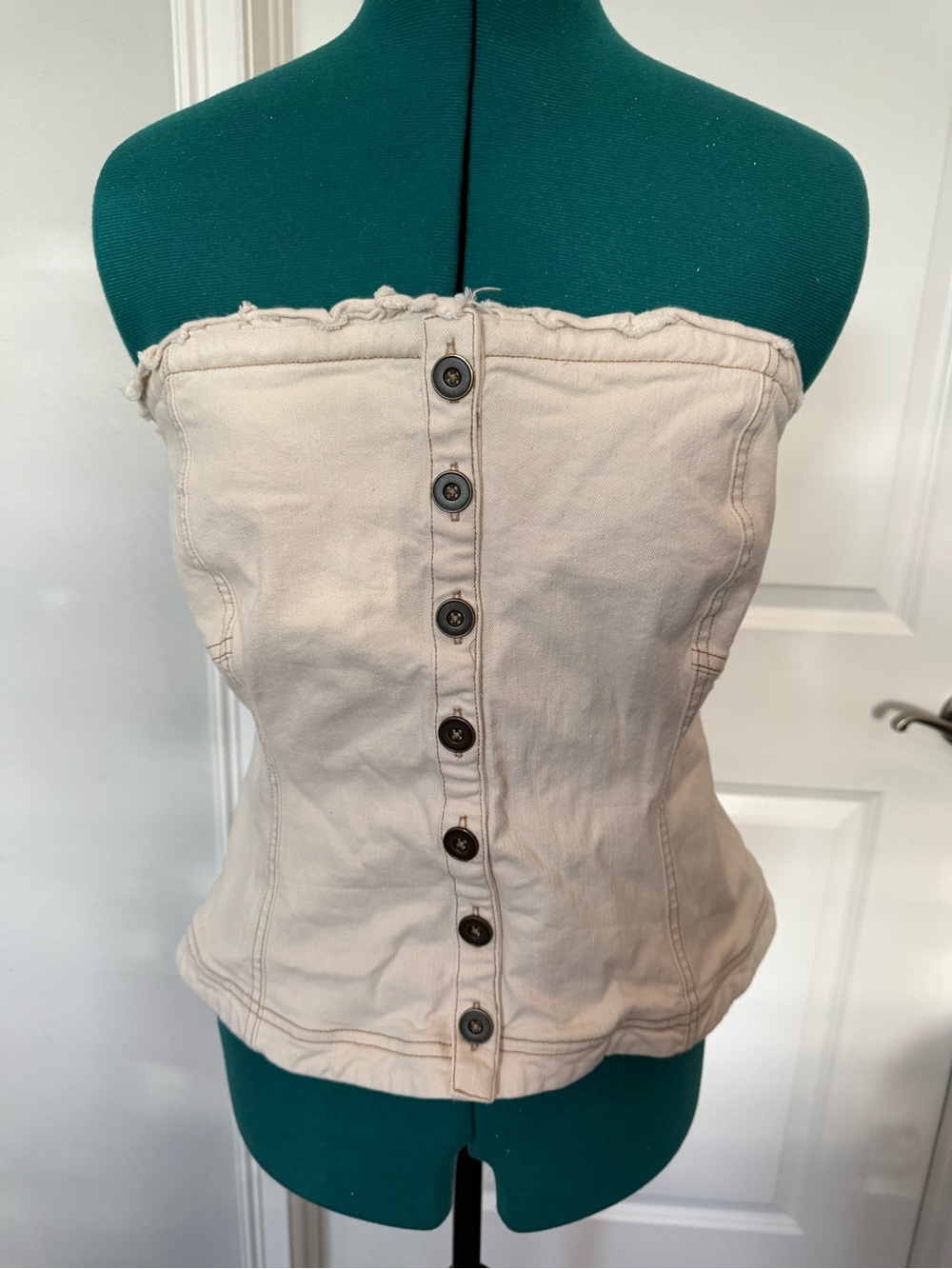 Strapless Button-Front Denim Bustier Top - Cream